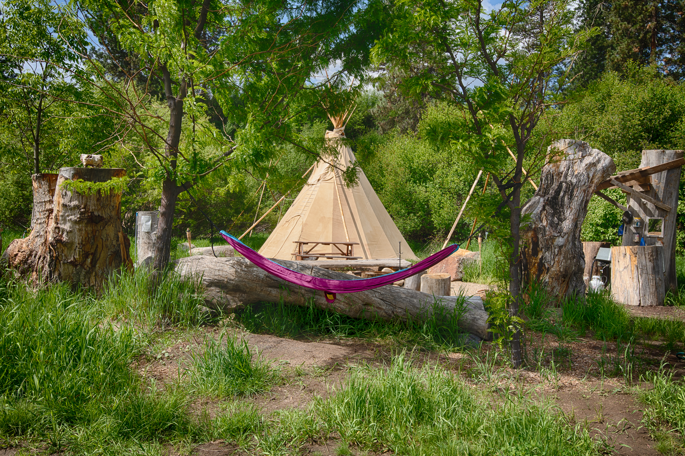 Peaceful scene of a beautiful Teepee with a hammock hanging in front of it on the Middle Fork of the Payette River in Garden Valley Idaho. I rentable campsite. 