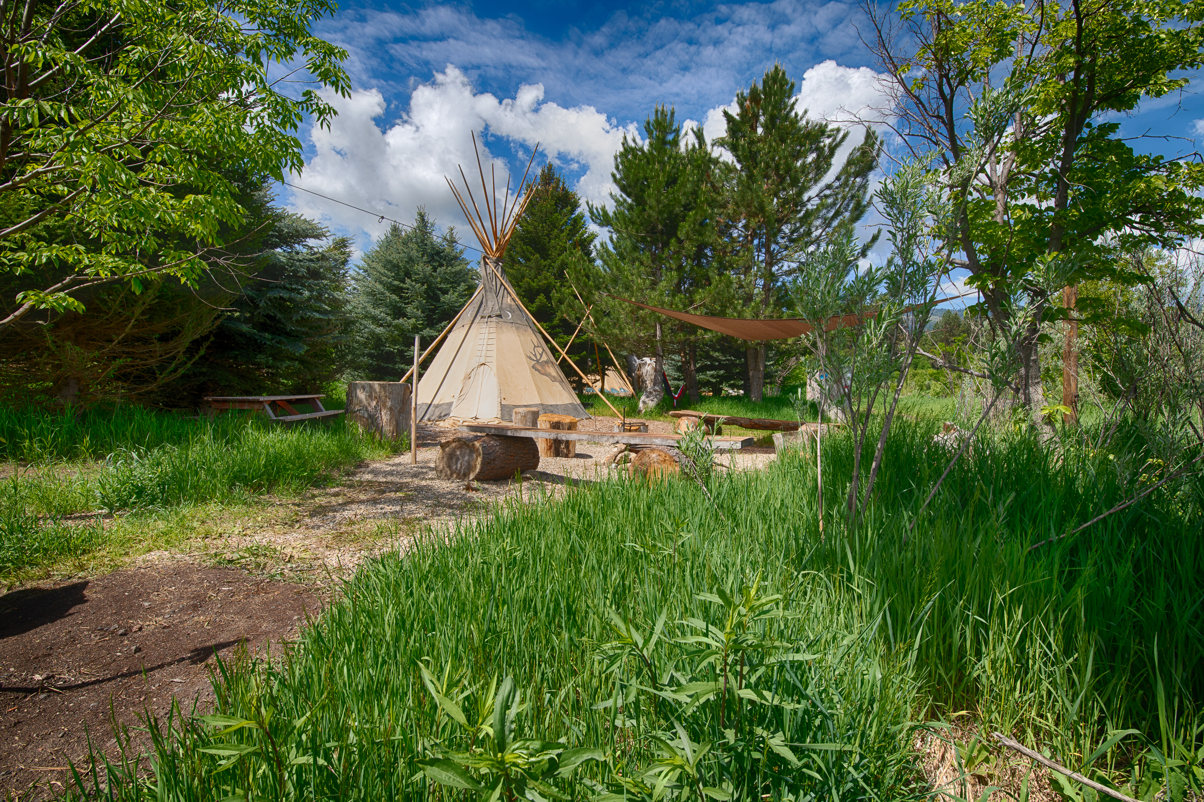 A teepee set in beautiful greenery along the banks of the North Fork of the Payette River just outside of Crouch, Idaho. 